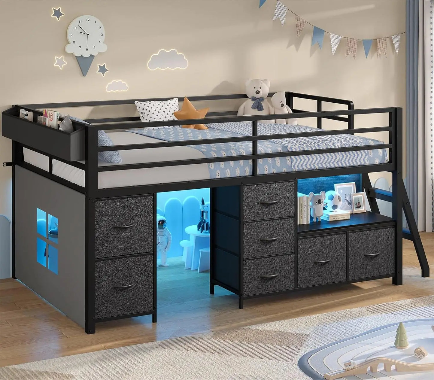 Low Loft Bed Twin Size with 7 Storage Drawers, Bookcase and LED Lights, with 14" H Safety Guardrail, Metal Kids Loft Bed