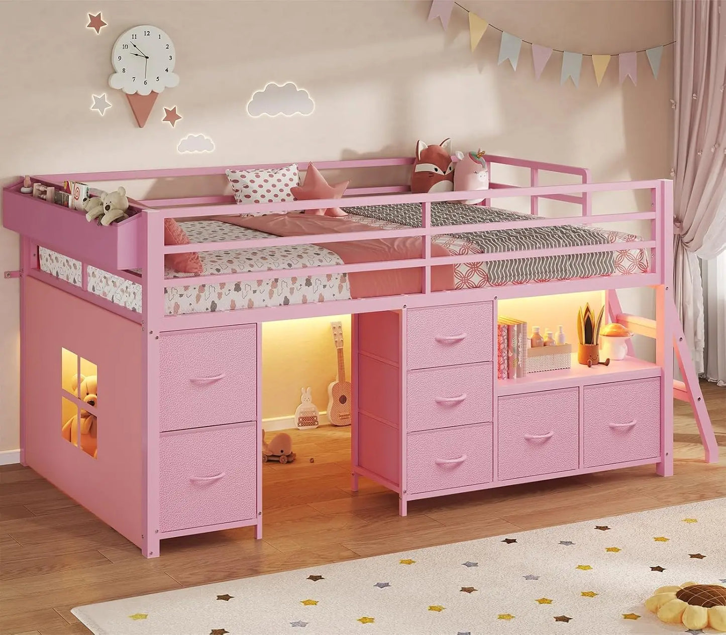 Low Loft Bed Twin Size with 7 Storage Drawers, Bookcase and LED Lights, with 14" H Safety Guardrail, Metal Kids Loft Bed