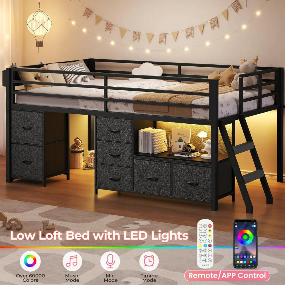 Low Loft Bed Twin Size with 7 Storage Drawers, Bookcase and LED Lights, with 14" H Safety Guardrail, Metal Kids Loft Bed