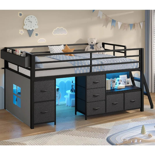 Low Loft Bed Twin Size with 7 Storage Drawers, Bookcase and LED Lights, with 14" H Safety Guardrail, Metal Kids Loft Bed