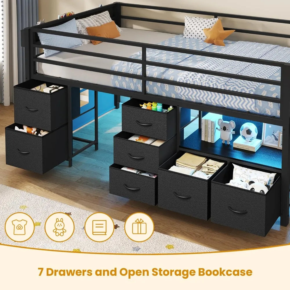 Low Loft Bed Twin Size with 7 Storage Drawers, Bookcase and LED Lights, with 14" H Safety Guardrail, Metal Kids Loft Bed