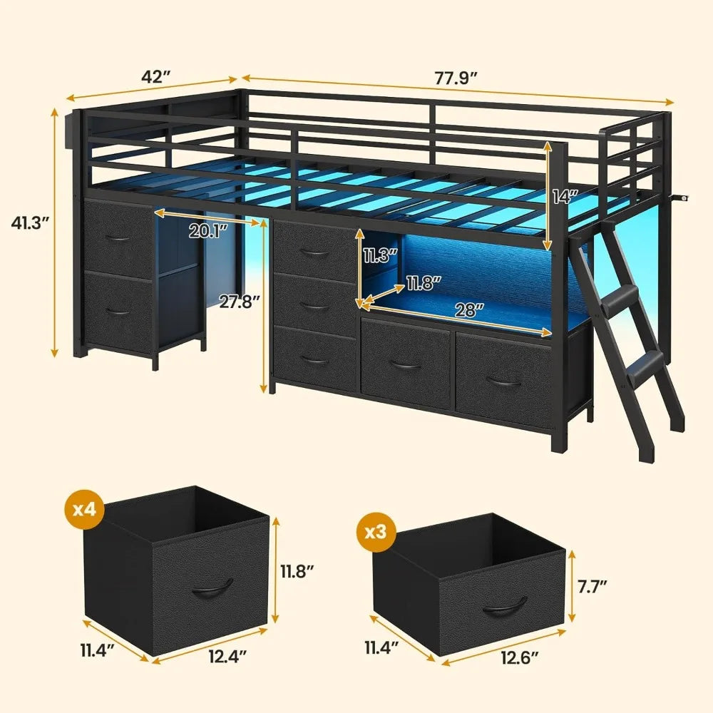 Low Loft Bed Twin Size with 7 Storage Drawers, Bookcase and LED Lights, with 14" H Safety Guardrail, Metal Kids Loft Bed