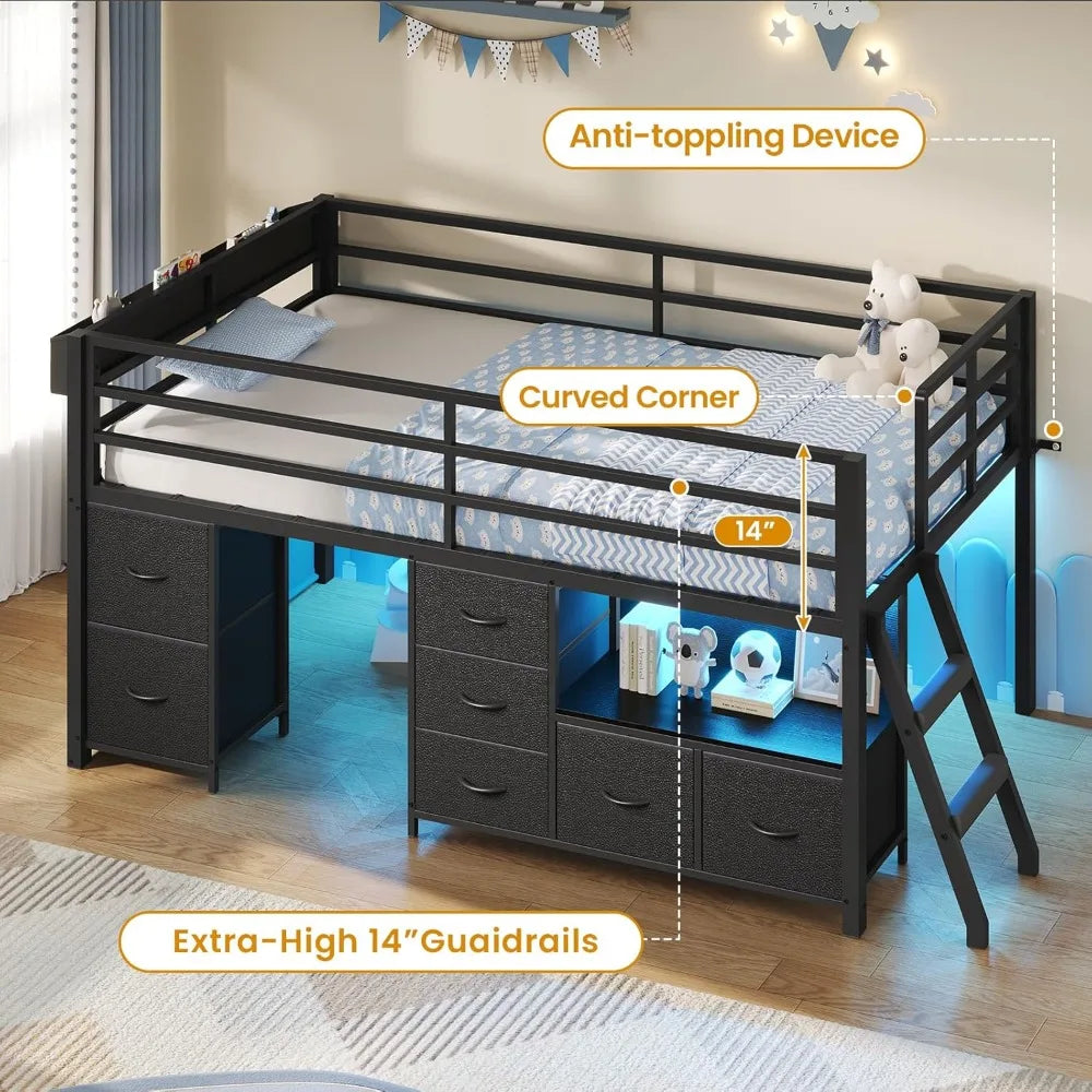 Low Loft Bed Twin Size with 7 Storage Drawers, Bookcase and LED Lights, with 14" H Safety Guardrail, Metal Kids Loft Bed