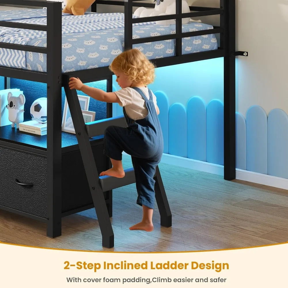 Low Loft Bed Twin Size with 7 Storage Drawers, Bookcase and LED Lights, with 14" H Safety Guardrail, Metal Kids Loft Bed