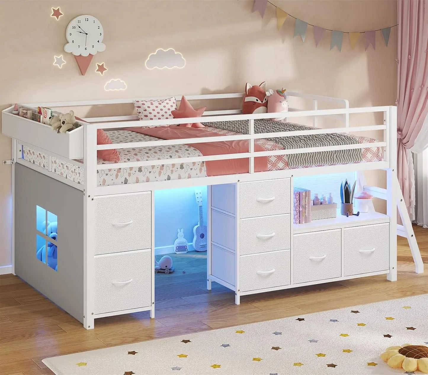 Low Loft Bed Twin Size with 7 Storage Drawers, Bookcase and LED Lights, with 14" H Safety Guardrail, Metal Kids Loft Bed